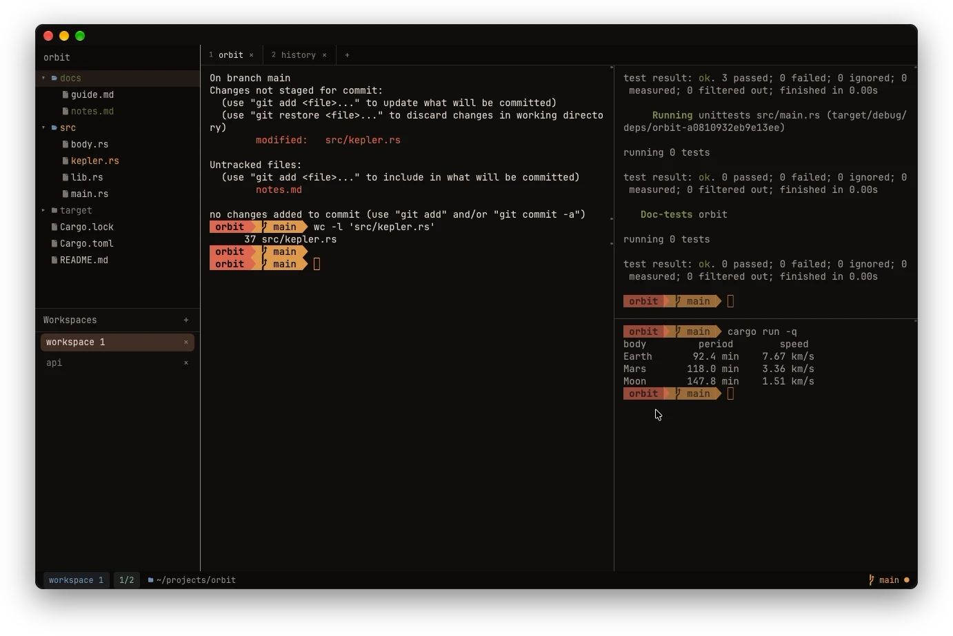 OmniPTY showing the file tree drawer with a workspaces panel below it, two tabs above three split panes running git status, cargo test and cargo run, and a git-aware status bar
