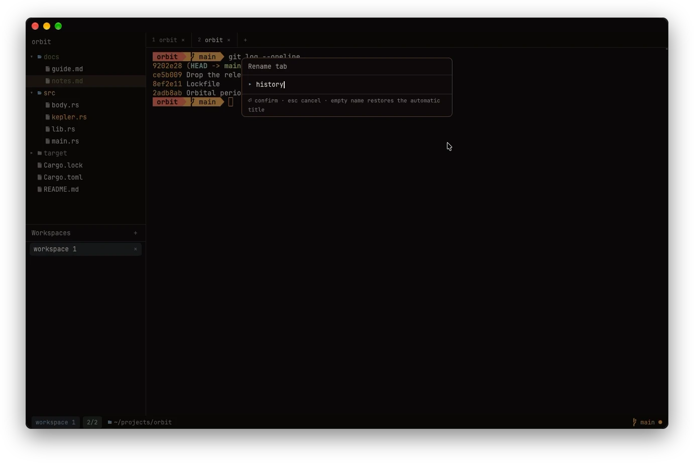 The rename tab prompt, noting that an empty name restores the automatic title