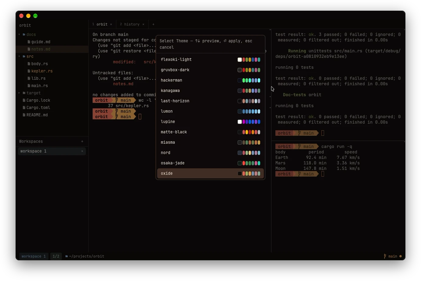 The theme picker listing presets with colour swatches, the window behind it repainted in the selected omnipty theme