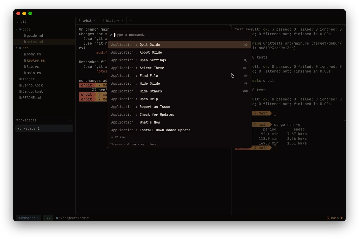 The command palette listing every action, each with its key binding